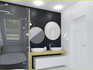 Łazienka - czerń, biel i złoto - Średnia na poddaszu z lustrem z dwoma umywalkami z marmurową podłogą z punktowym oświetleniem łazienka z oknem, styl glamour - zdjęcie od wnetrzewdomu