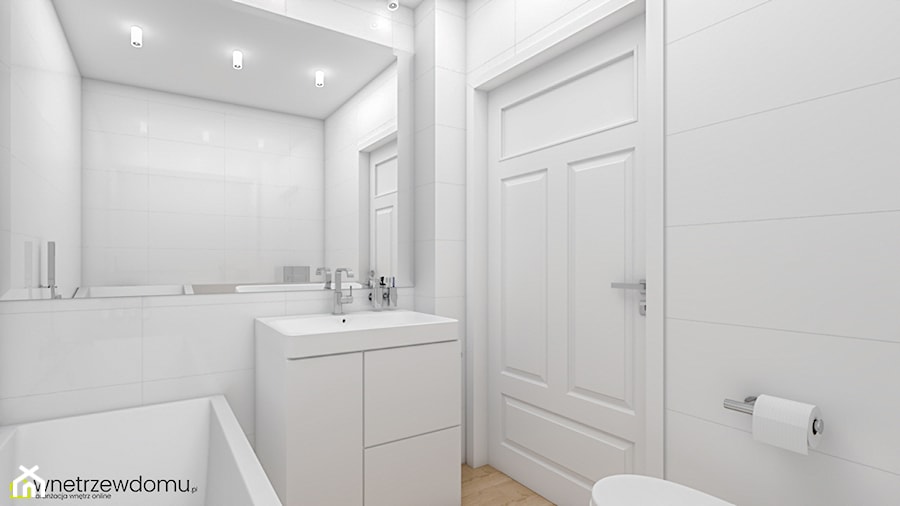 mała łazienka w dwóch wersjach - Mała bez okna z lustrem z punktowym oświetleniem łazienka, styl skandynawski - zdjęcie od wnetrzewdomu