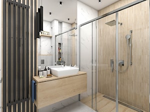 Łazienka z kabiną prysznicową - szarość i drewno - zdjęcie od wnetrzewdomu