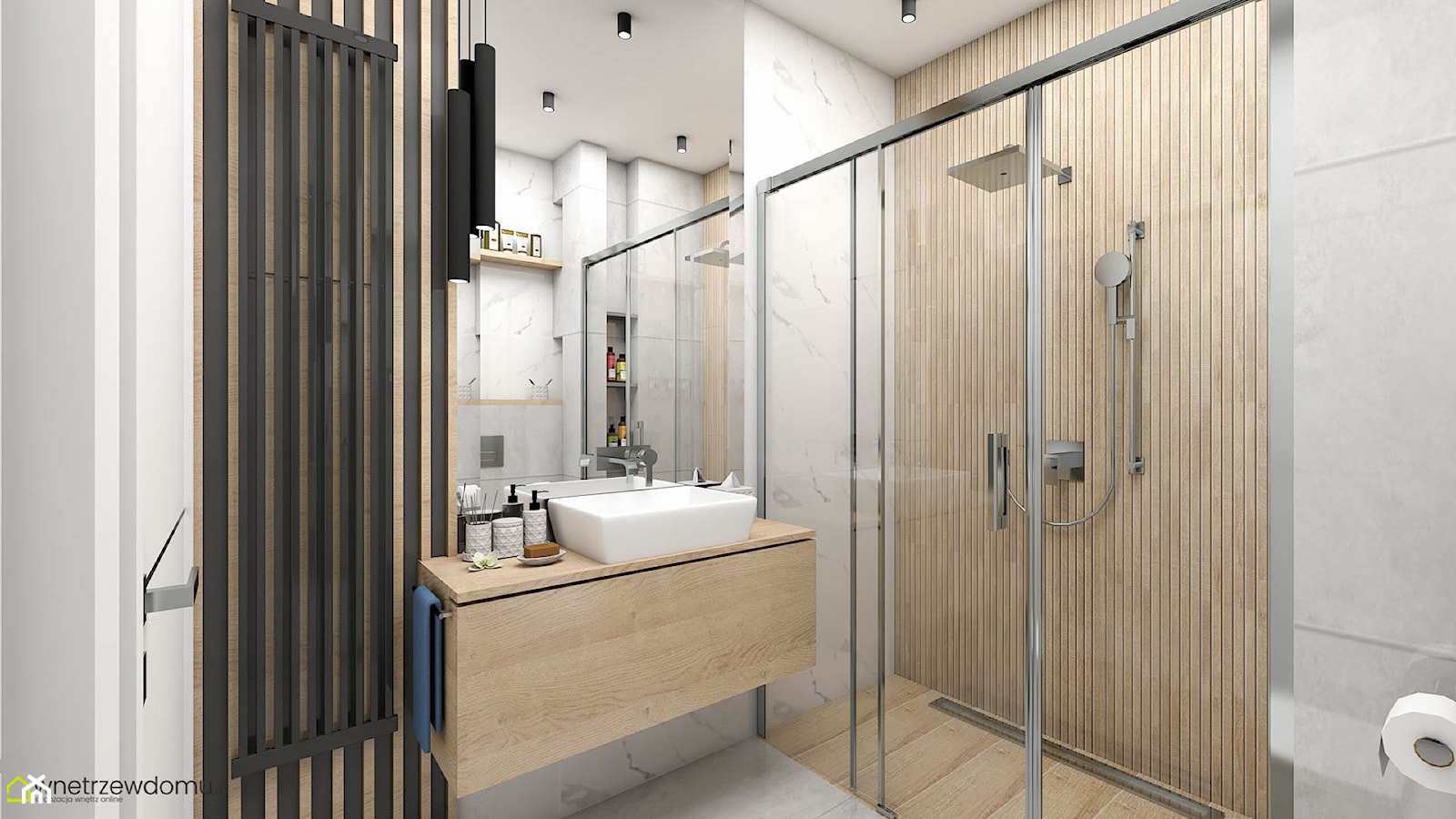 Łazienka z kabiną prysznicową - szarość i drewno - zdjęcie od wnetrzewdomu - Homebook