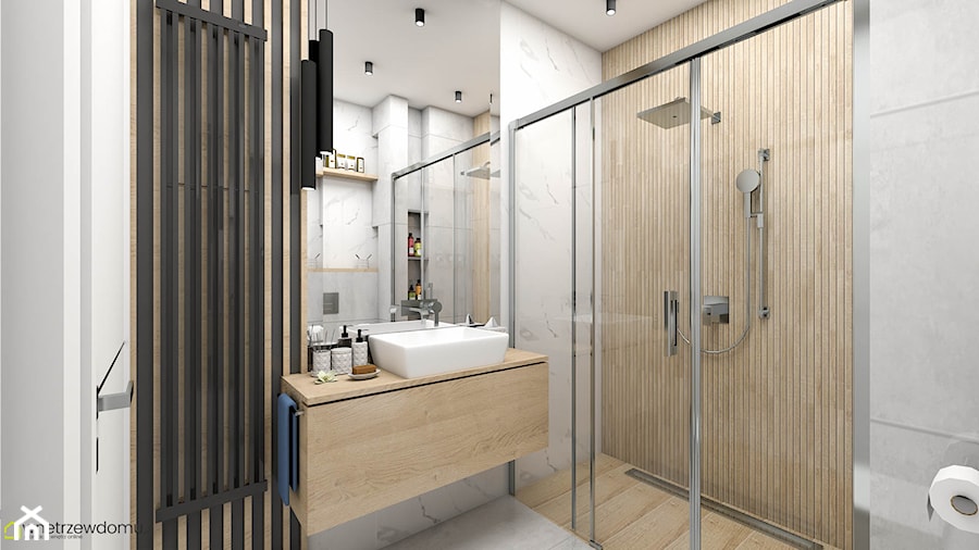 Łazienka z kabiną prysznicową - szarość i drewno - zdjęcie od wnetrzewdomu