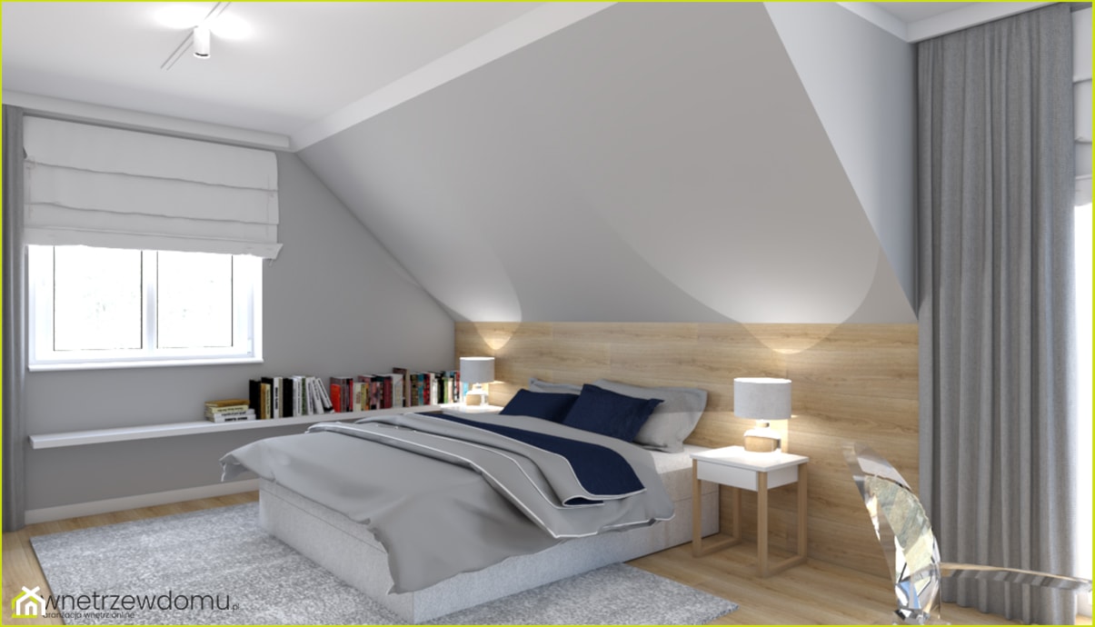 sypialnia ze skosami - Duża szara sypialnia na poddaszu, styl skandynawski - zdjęcie od wnetrzewdomu - Homebook