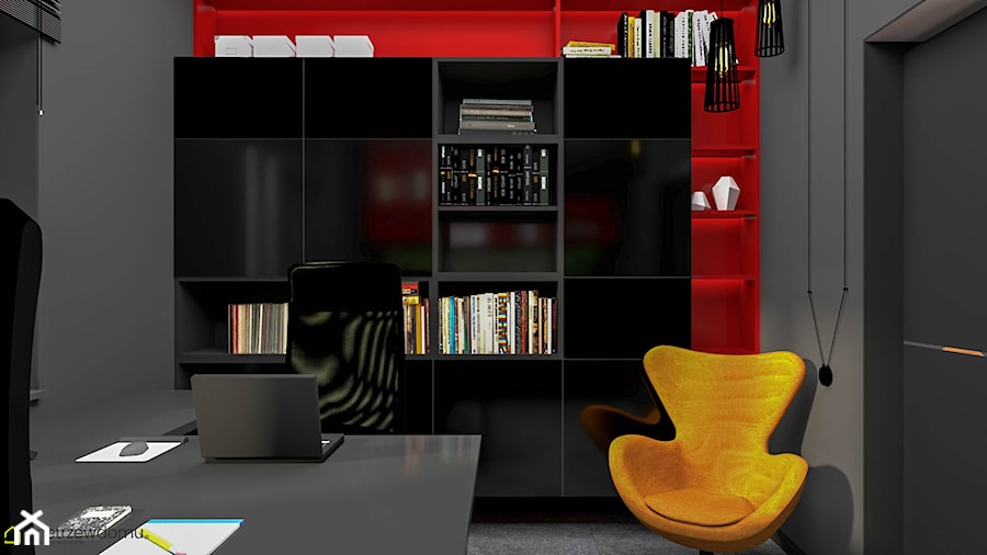 Gabinet w kolorach czerni z dodatkiem czerwieni - zdjęcie od wnetrzewdomu