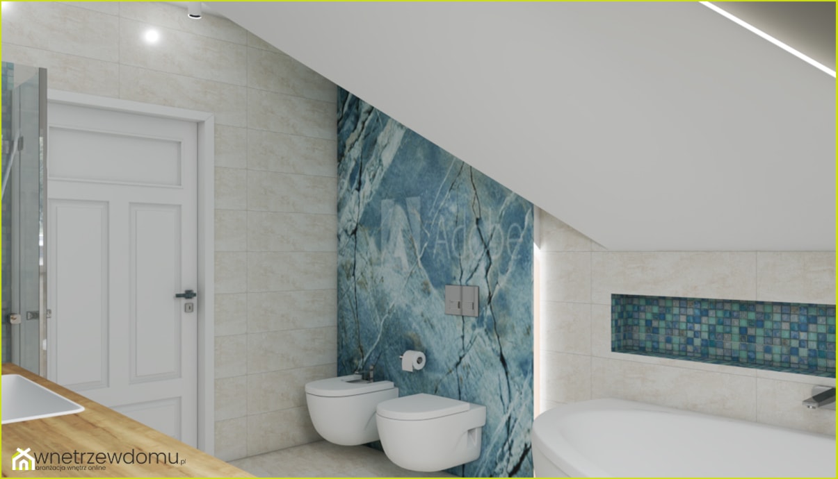 Łazienka z grafiką na szkle - Średnia niebieska szara łazienka na poddaszu w domu jednorodzinnym z o ... - zdjęcie od wnetrzewdomu - Homebook