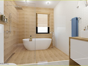 łazienka z podziałem na strefy - Średnia z lustrem z punktowym oświetleniem łazienka z oknem, styl skandynawski - zdjęcie od wnetrzewdomu