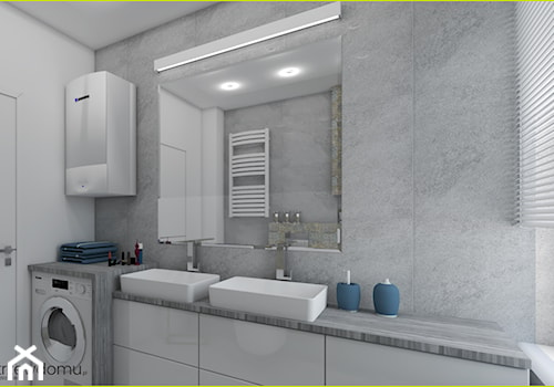 Mała łazienka z prysznicem i pralką - Mała z pralką / suszarką z lustrem z dwoma umywalkami z punktowym oświetleniem łazienka z oknem, styl skandynawski - zdjęcie od wnetrzewdomu