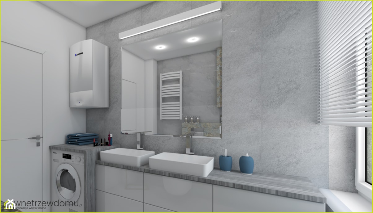 Mała łazienka z prysznicem i pralką - Mała z pralką / suszarką z lustrem z dwoma umywalkami z punktowym oświetleniem łazienka z oknem, styl skandynawski - zdjęcie od wnetrzewdomu - Homebook