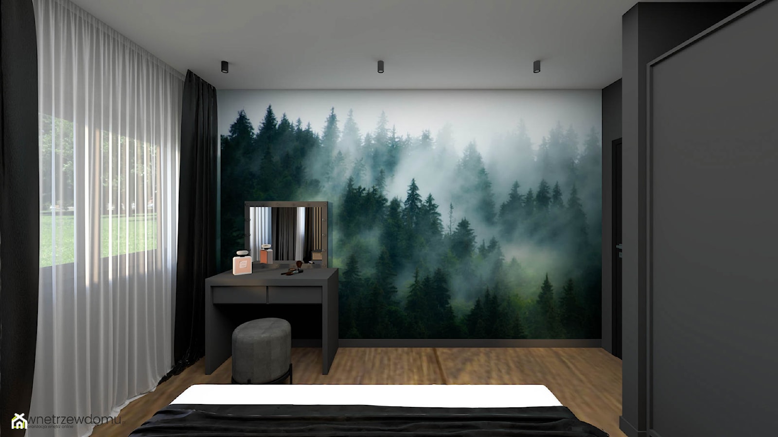Ciemna sypialnia z tapetą z widokiem - zdjęcie od wnetrzewdomu - Homebook