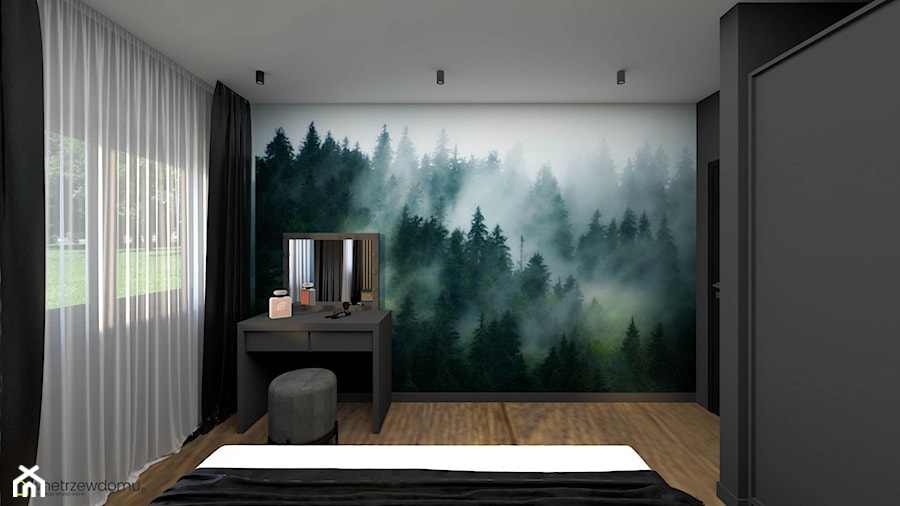 Ciemna sypialnia z tapetą z widokiem - zdjęcie od wnetrzewdomu