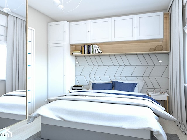 Przytulna sypialnia z białą cegłą na ścianie