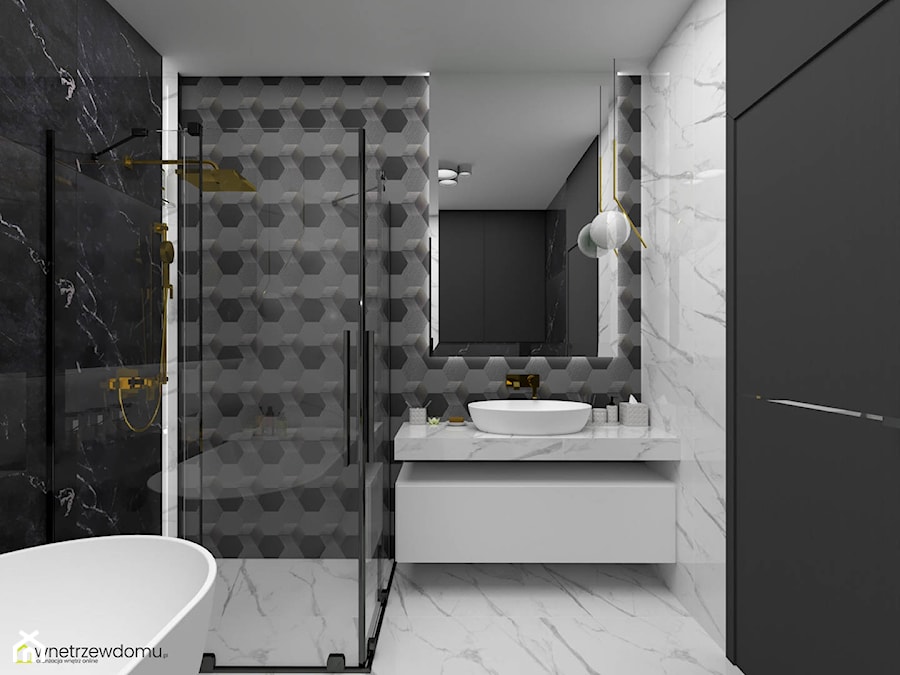 Nowoczesna łazienka wykończona białym i ciemnym marmurem - zdjęcie od wnetrzewdomu