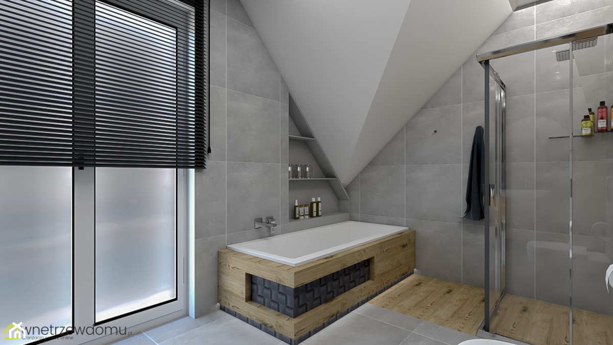 Nowoczesna łazienka z drewnem - Średnia na poddaszu łazienka z oknem, styl nowoczesny - zdjęcie od wnetrzewdomu - Homebook