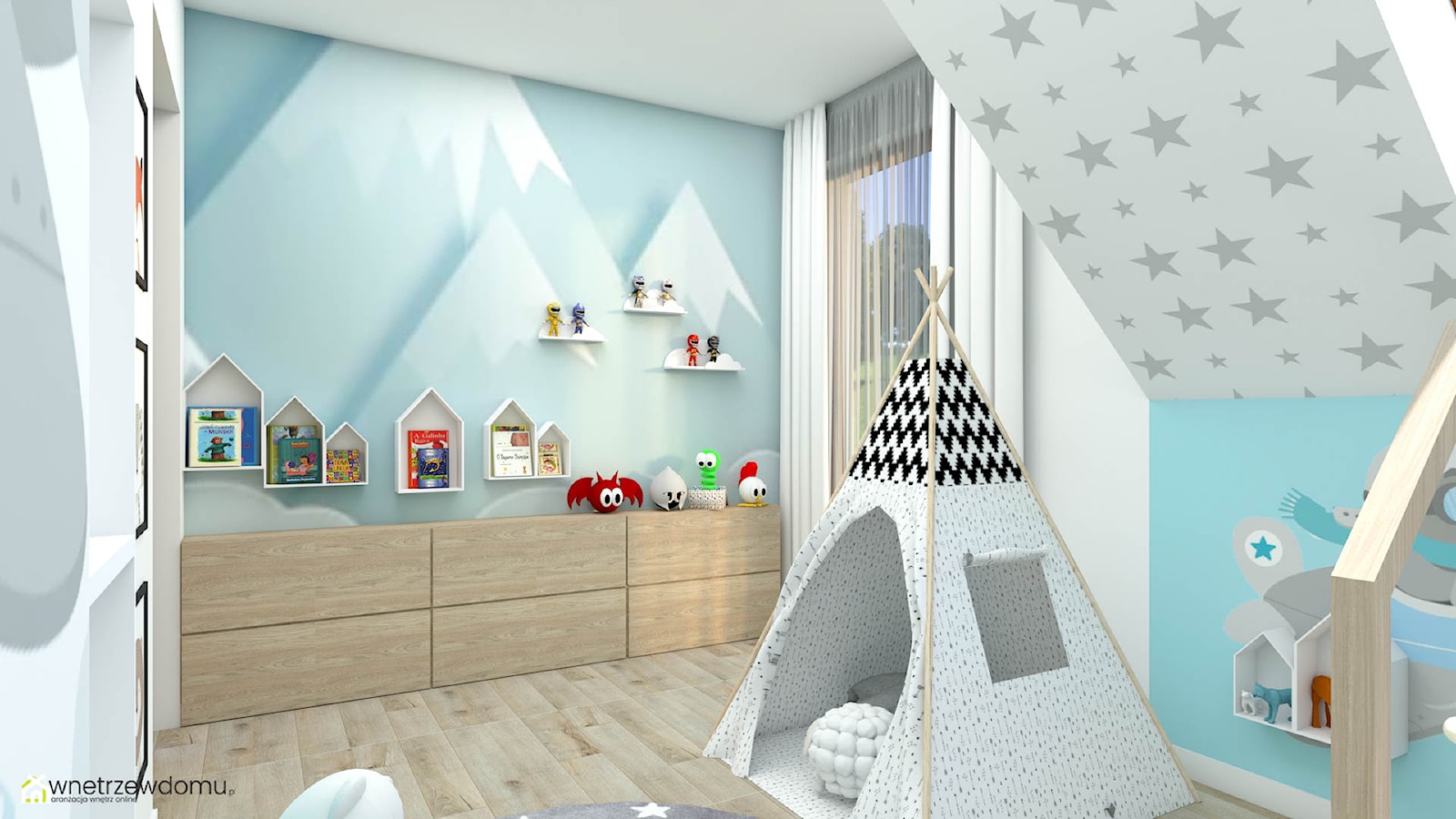 Pokój dziecięcy z ozdobną tapetą z motywem gór - zdjęcie od wnetrzewdomu - Homebook