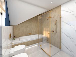 Jasna łazienka z granatową zabudową i złotymi dodatkami - zdjęcie od wnetrzewdomu