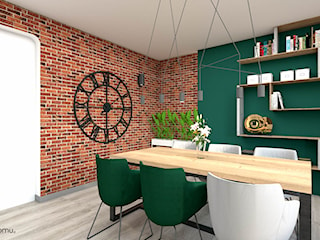 Salon z jadalnią ze ścianą w kolorze butelkowej zieleni