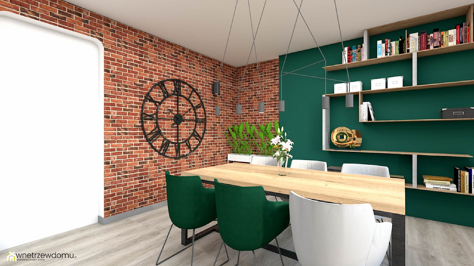 Salon z jadalnią ze ścianą w kolorze butelkowej zieleni - zdjęcie od wnetrzewdomu - Homebook
