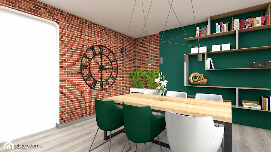 Salon z jadalnią ze ścianą w kolorze butelkowej zieleni - zdjęcie od wnetrzewdomu