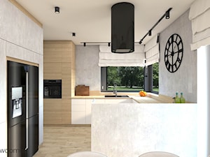 Przestronny salon z kuchnią z lamelami meblami w odcieniach betonu - zdjęcie od wnetrzewdomu