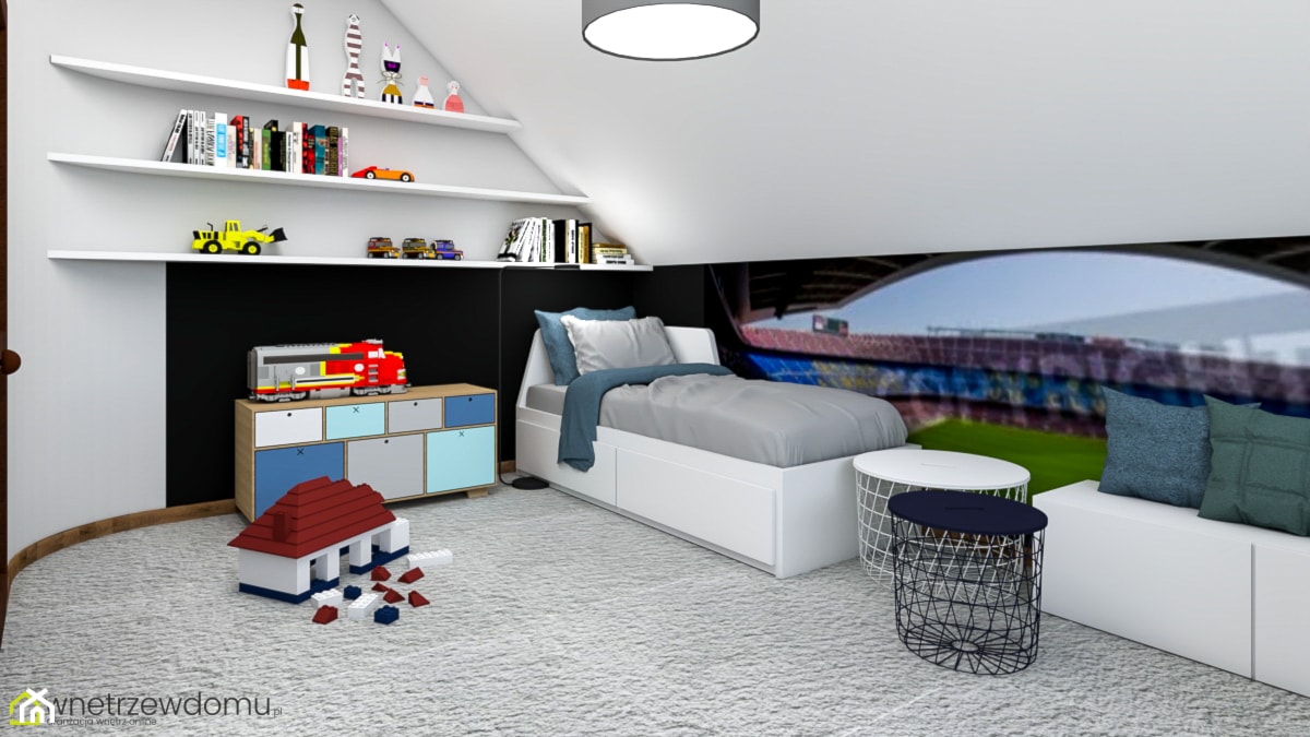 Pokój dla małego fana piłki nożnej - Średnia biała czarna sypialnia na poddaszu, styl skandynawski - zdjęcie od wnetrzewdomu - Homebook