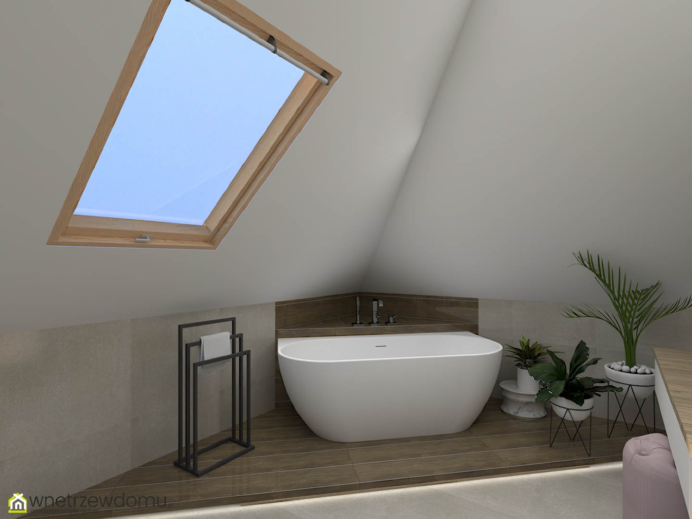 Okrągłe duże lustro i okno dachowe w łazience ze skosami - zdjęcie od wnetrzewdomu - Homebook