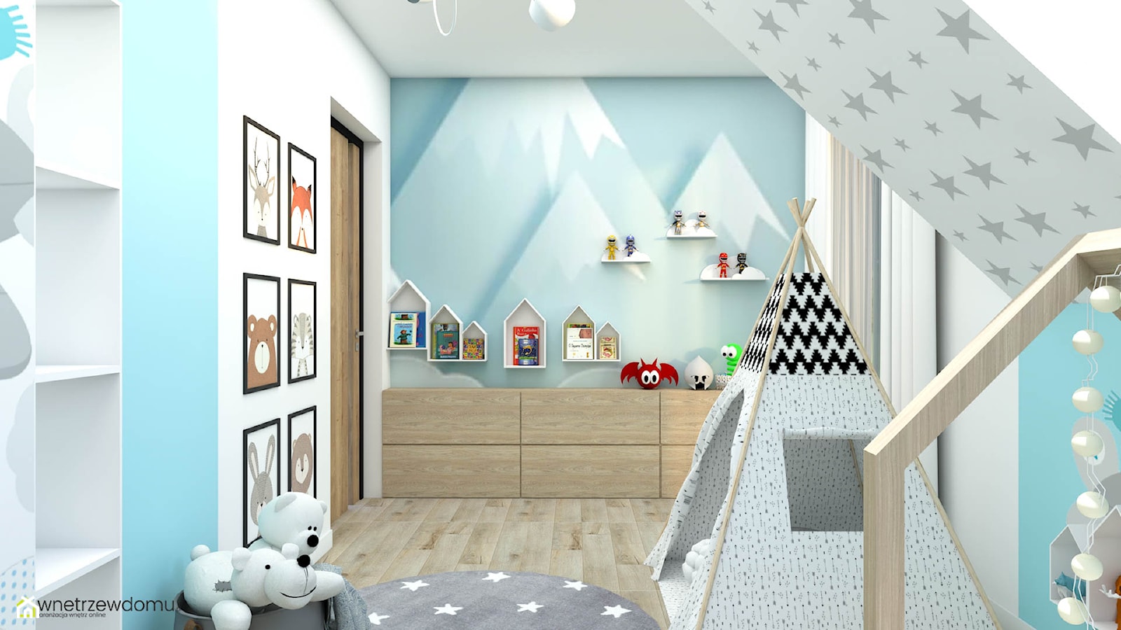 Pokój dziecięcy z ozdobną tapetą z motywem gór - zdjęcie od wnetrzewdomu - Homebook