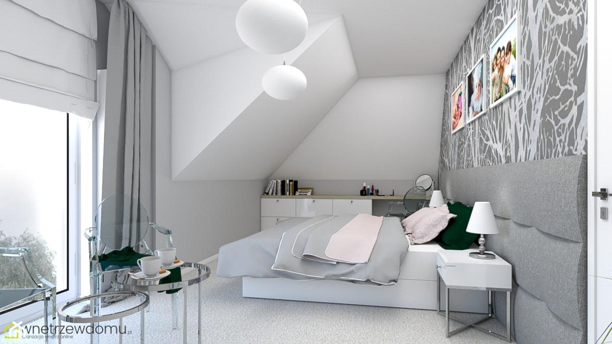Delikatna sypialnia z miejscem na kawę - Średnia szara sypialnia na poddaszu, styl nowoczesny - zdjęcie od wnetrzewdomu - Homebook