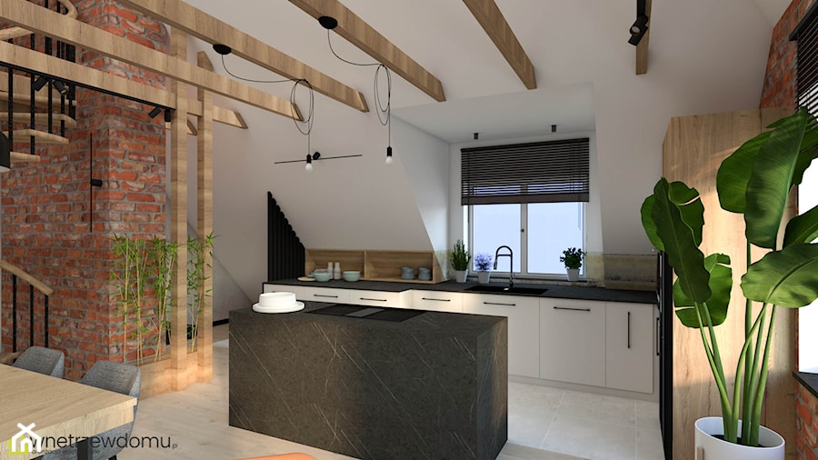 Salon z kuchnią w stylu loftowym na poddaszu - zdjęcie od wnetrzewdomu