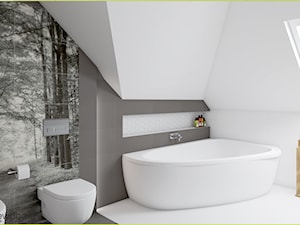 Łazienka z grafiką na szkle - Średnia na poddaszu łazienka z oknem, styl nowoczesny - zdjęcie od wnetrzewdomu