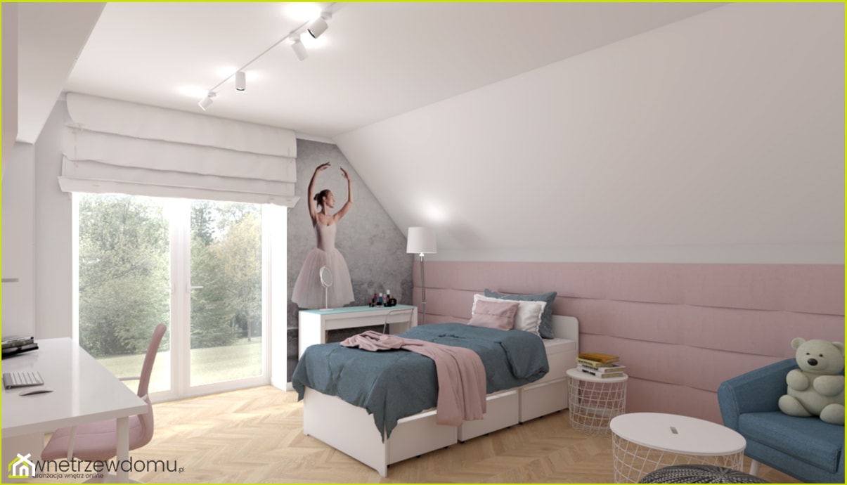 Pokój dla nastolatki z motywem baletnicy - Duży biały różowy szary pokój dziecka dla nastolatka dla dziewczynki, styl skandynawski - zdjęcie od wnetrzewdomu - Homebook