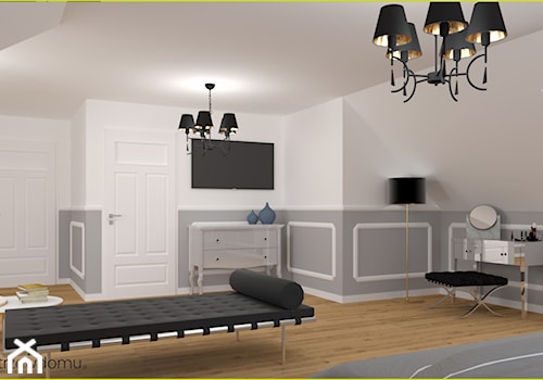 Sypialnia z leżanką - Duża biała szara sypialnia na poddaszu, styl nowoczesny - zdjęcie od wnetrzewdomu