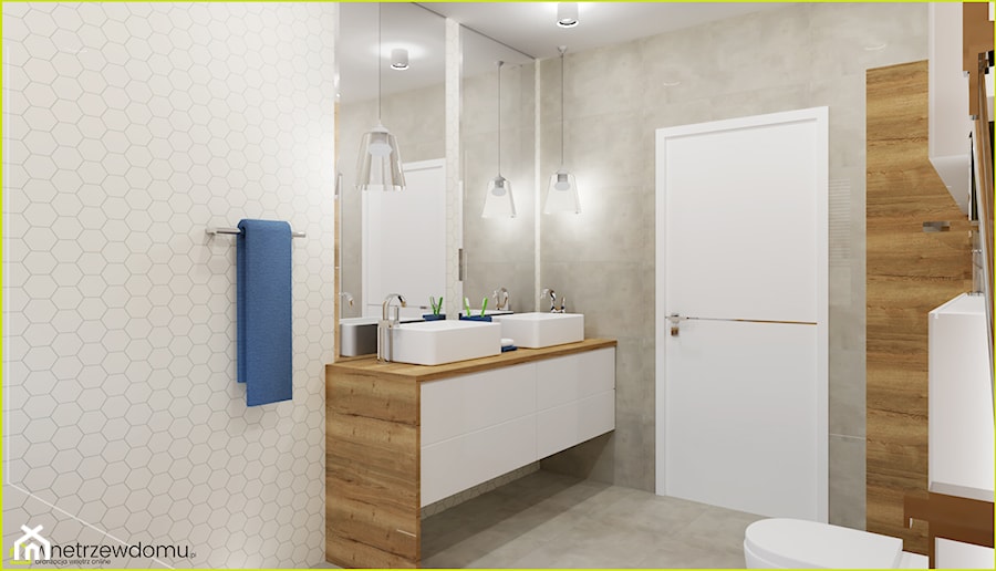 łazienka z podziałem na strefy - Średnia bez okna z dwoma umywalkami z punktowym oświetleniem łazienka, styl skandynawski - zdjęcie od wnetrzewdomu