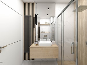 Łazienka z kabiną prysznicową -szarość i drewno - zdjęcie od wnetrzewdomu