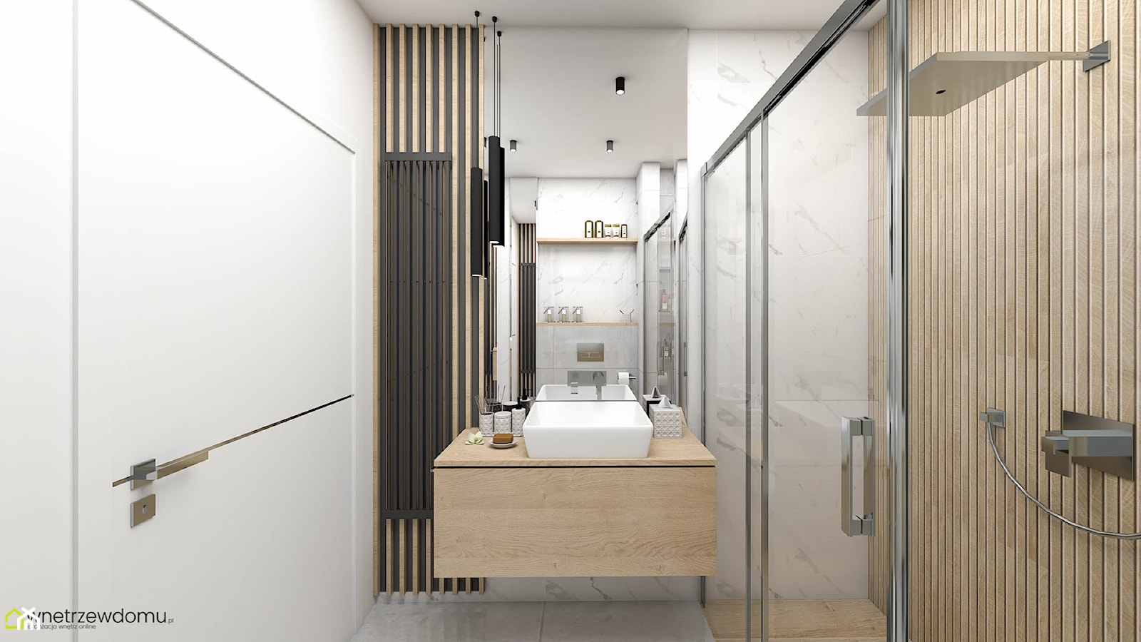Łazienka z kabiną prysznicową -szarość i drewno - zdjęcie od wnetrzewdomu - Homebook