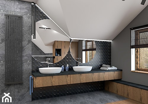 Nowoczesna ciemna łazienka - Średnia na poddaszu z lustrem z dwoma umywalkami z punktowym oświetleniem łazienka z oknem, styl nowoczesny - zdjęcie od wnetrzewdomu