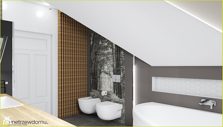 Łazienka z grafiką na szkle - Średnia na poddaszu bez okna z punktowym oświetleniem łazienka, styl nowoczesny - zdjęcie od wnetrzewdomu
