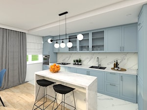Salon z kuchnią w odcieniach błękitu - zdjęcie od wnetrzewdomu