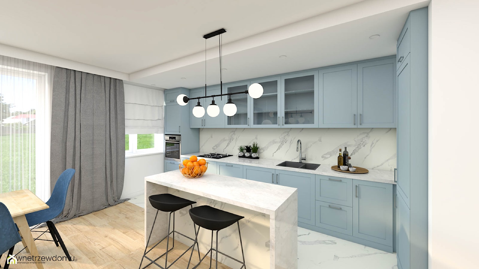Salon z kuchnią w odcieniach błękitu - zdjęcie od wnetrzewdomu - Homebook