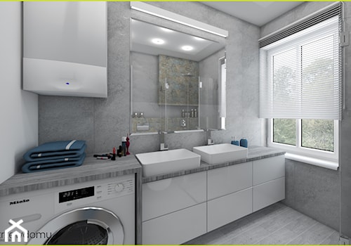 Mała łazienka z prysznicem i pralką - Średnia z pralką / suszarką z lustrem z dwoma umywalkami z punktowym oświetleniem łazienka z oknem, styl skandynawski - zdjęcie od wnetrzewdomu