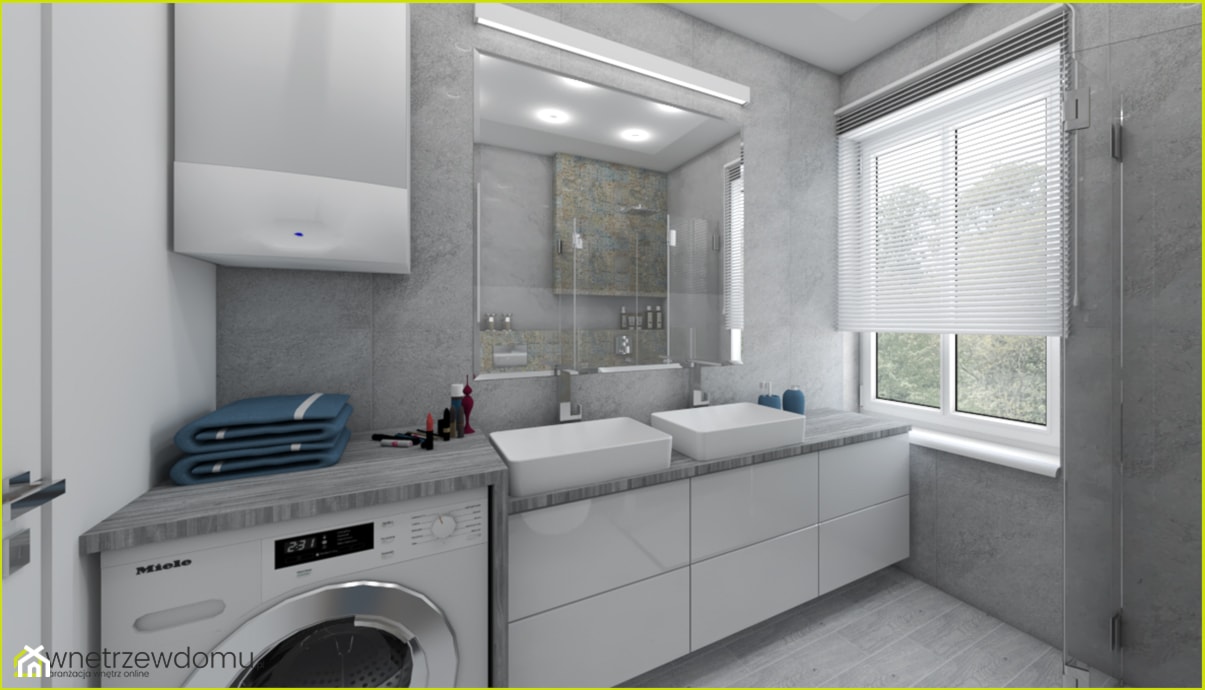 Mała łazienka z prysznicem i pralką - Średnia z pralką / suszarką z lustrem z dwoma umywalkami z punktowym oświetleniem łazienka z oknem, styl skandynawski - zdjęcie od wnetrzewdomu - Homebook