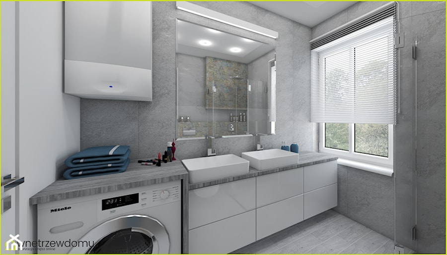 Mała łazienka z prysznicem i pralką - Średnia z pralką / suszarką z lustrem z dwoma umywalkami z punktowym oświetleniem łazienka z oknem, styl skandynawski - zdjęcie od wnetrzewdomu
