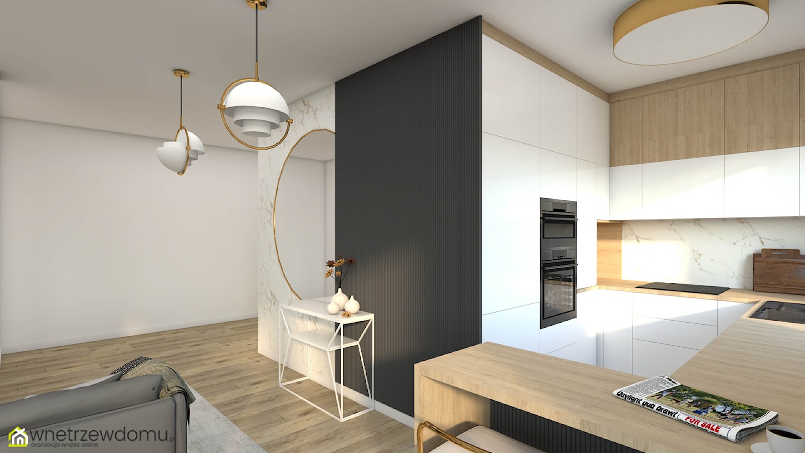 Jasny, nowoczesny salon z aneksem kuchennym z dodatkiem marmuru ze złotą nitką - zdjęcie od wnetrzewdomu - Homebook