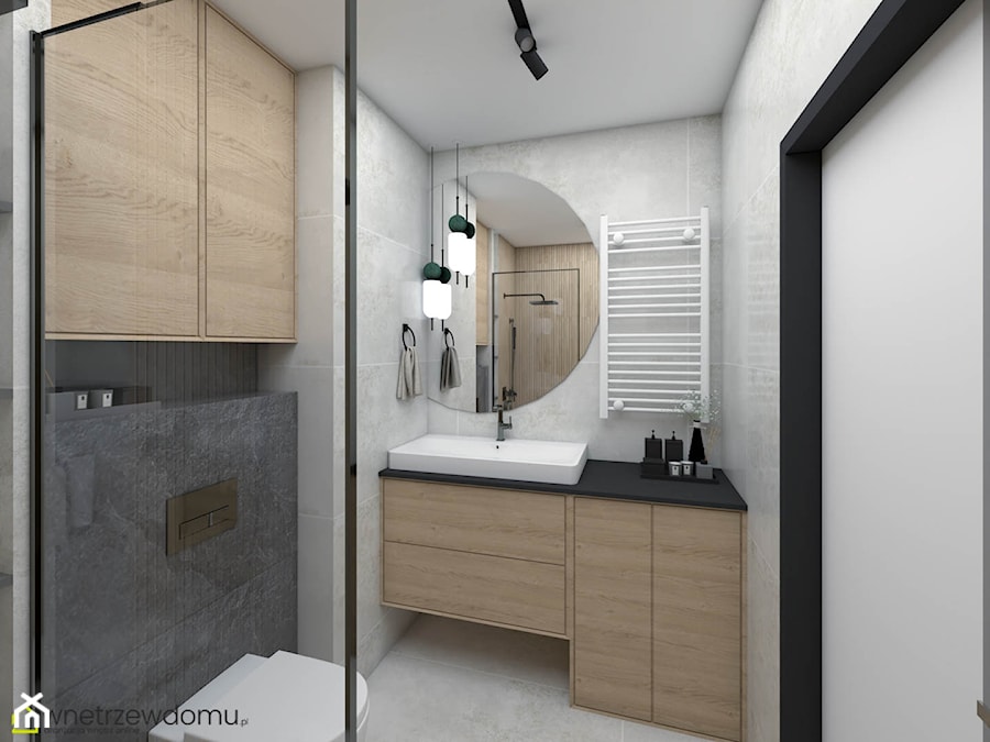 Biel, drewno oraz czerń w nowoczesnej łazience - zdjęcie od wnetrzewdomu