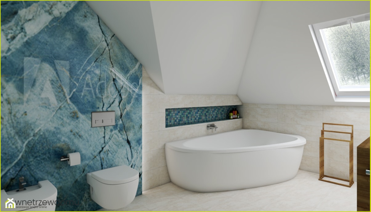 Łazienka z grafiką na szkle - Średnia na poddaszu łazienka z oknem, styl nowoczesny - zdjęcie od wnetrzewdomu - Homebook