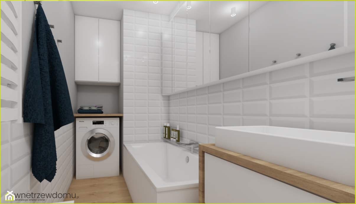 łazienka z miętowym kolorem - Średnia bez okna z pralką / suszarką z lustrem z punktowym oświetleniem łazienka, styl skandynawski - zdjęcie od wnetrzewdomu - Homebook