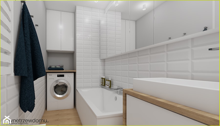 łazienka z miętowym kolorem - Średnia bez okna z pralką / suszarką z lustrem z punktowym oświetleniem łazienka, styl skandynawski - zdjęcie od wnetrzewdomu