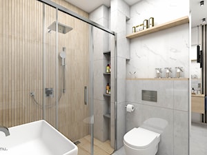Łazienka z kabiną prysznicową szarość i drewno - zdjęcie od wnetrzewdomu