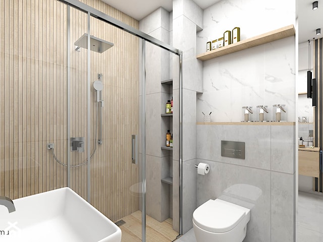 Łazienka z kabiną prysznicową -  szarość i drewno