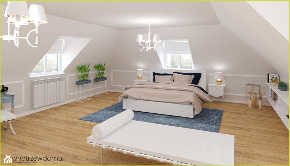 Sypialnia z leżanką - Duża biała sypialnia na poddaszu, styl glamour - zdjęcie od wnetrzewdomu - Homebook