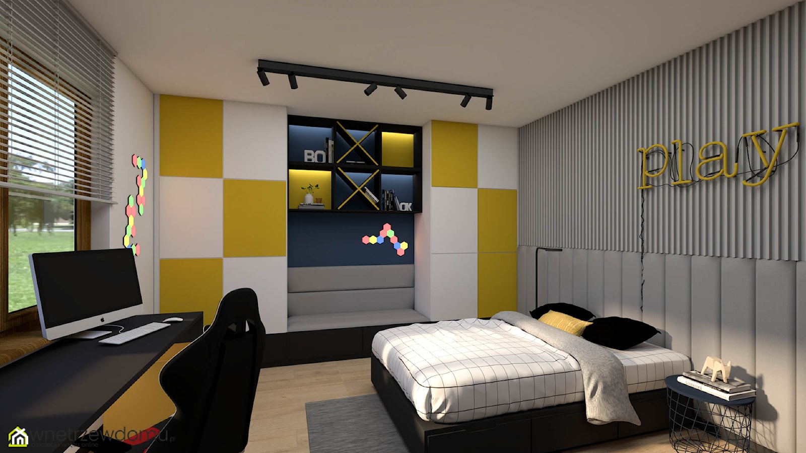Pokój dla nastolatka w połączeniu granatu i żółtego - zdjęcie od wnetrzewdomu - Homebook