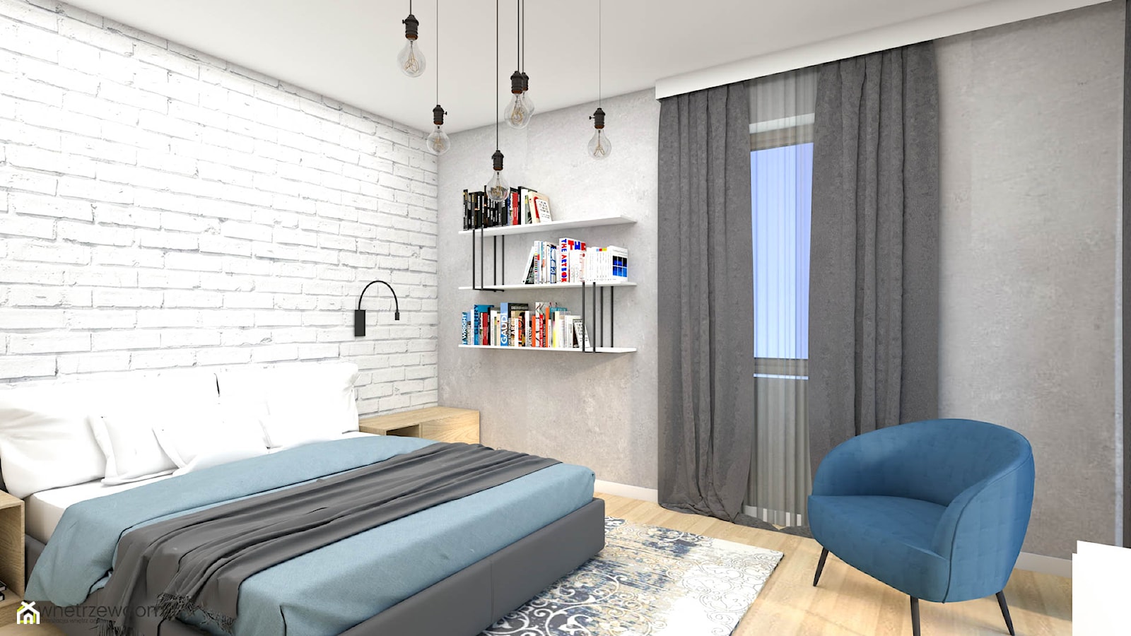 Jasna przestronna sypialnia z białą cegłą - zdjęcie od wnetrzewdomu - Homebook